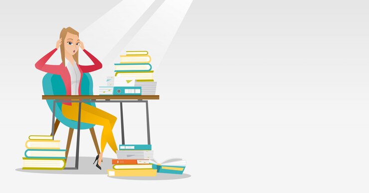 Vector student sitting at the table with piles of books.