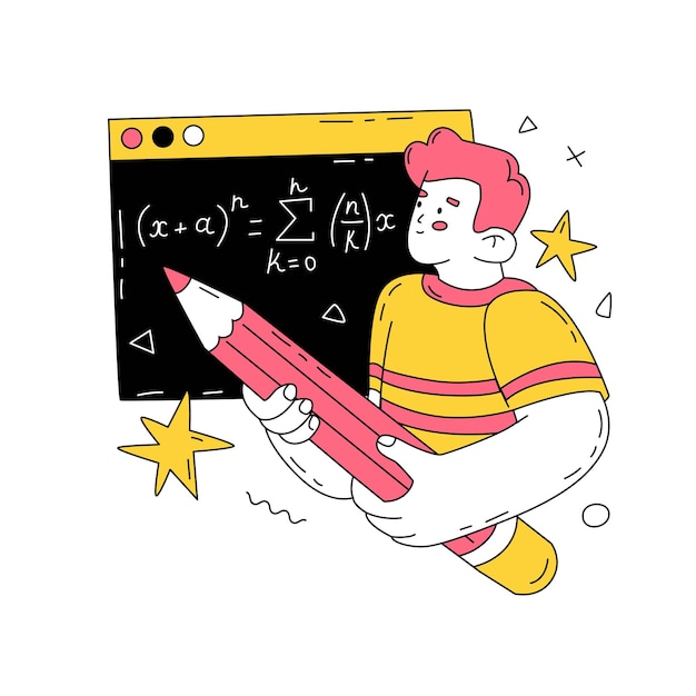 A student solves a math problem at the blackboard in the classroom Formulas geometry trigonometry School education A boy with a big pencil in his hands Vector illustration isolated