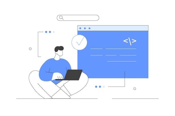 Vector student solving mathematical algorithms coding program code improving skills learn to code program