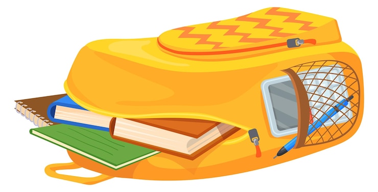 Vector student stationery in full backpack cartoon icon