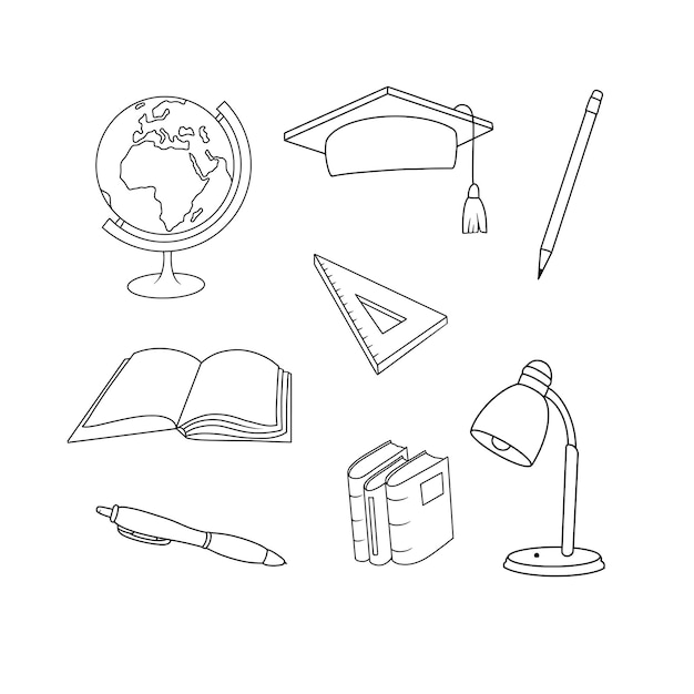 Vettore cancelleria per studenti in stile doodle. collezione ritorno a scuola. oggetti vettoriali in bianco e nero