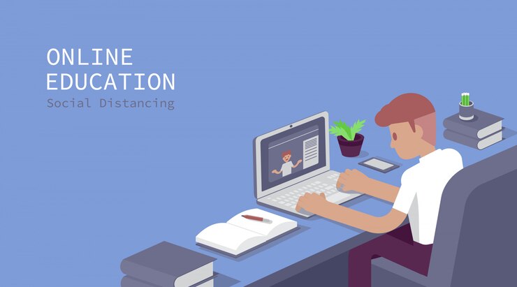 Vector student study at computer, online examination, questionnaire in the internet, illustration