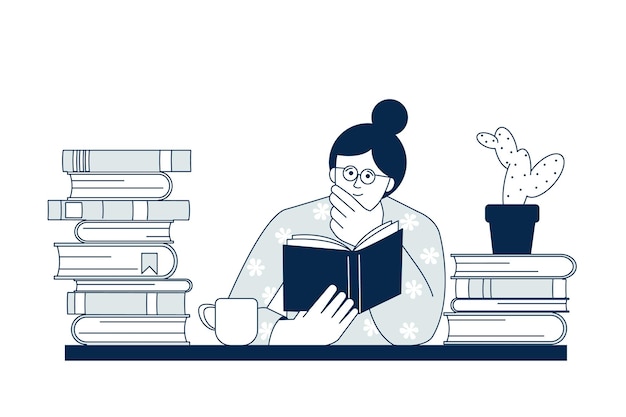 Student study at home female diary girl watching lecture woman reading book distance self learning home work library recent vector character