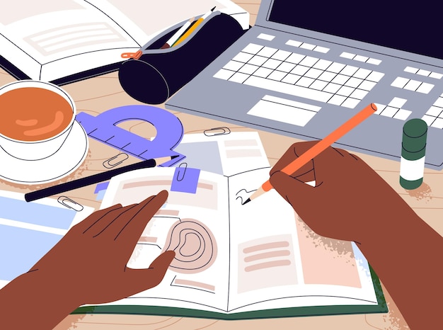 Student takes notes writes in notebook prepares to exams Pupil does homework on the table People learning study with pencil in hand Cozy workplace Education concept Flat vector illustration