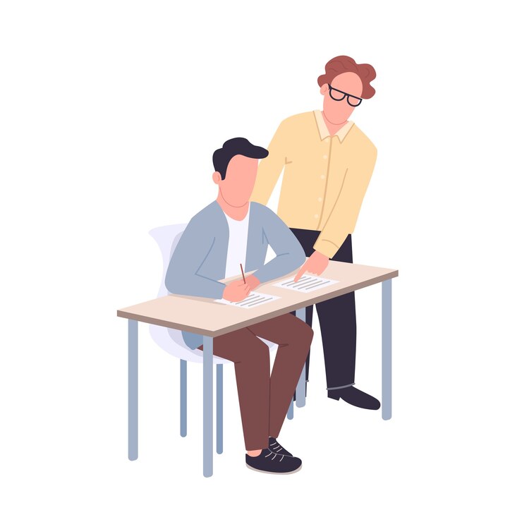 Vector student and teacher flat color faceless characters. supportive tutor helping pupil isolated cartoon illustration for web graphic design and animation. help with academic education, mentorship