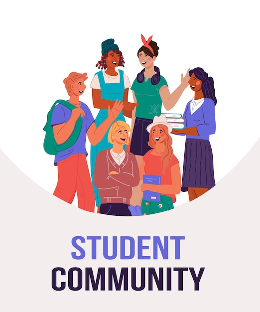 Vector student university community banner concept with young people standing together flat vector illustration flat flyer or leaflet design with student guys and young women