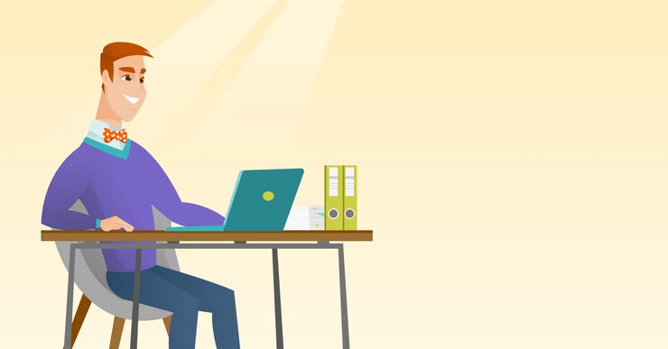 Vector student using laptop for education.