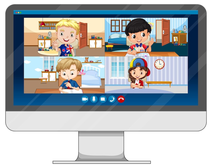 Vector student video chat online screen on computer screen on white