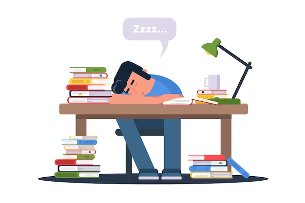 Student voorbereiden op examens illustratie. Vermoeide, uitgeputte leerling die karakter propt.