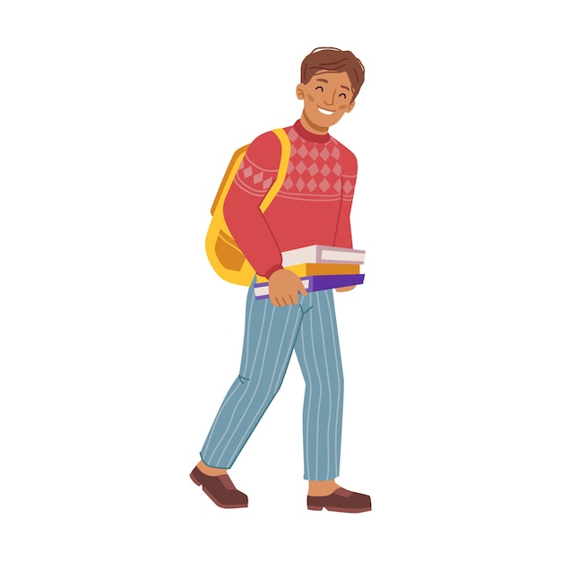 Vector student walking to school lesson with books and notebooks in hands and satchel on shoulders isolated