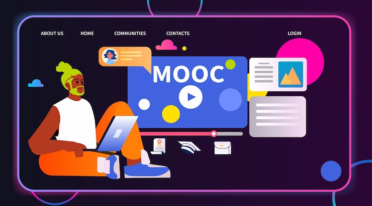 Vector student watching lecture recordings podcast courses audio video recording online education e-learning concept horizontal