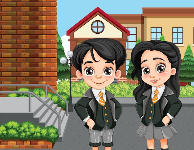 Vector student wearing school uniform at school scene