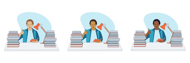 Vector student with books sitting at the table multinational set for banners web page