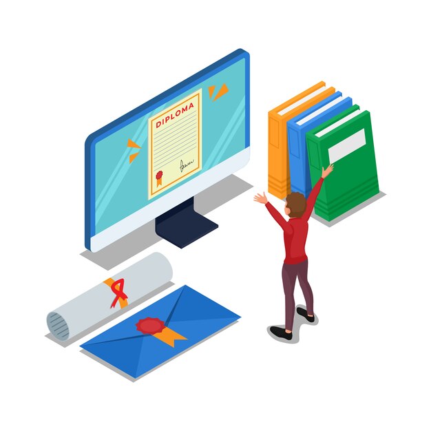 Vector student with graduation status on computer. isometric education illustration. vector