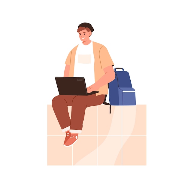 Student with laptop on knees and backpack. Happy young man sit and surf internet with computer, learning online. Modern person use social media. Flat vector illustration isolated on white background.