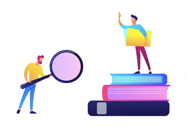 Student with magnifier and student standing on stack of books vector illustration.