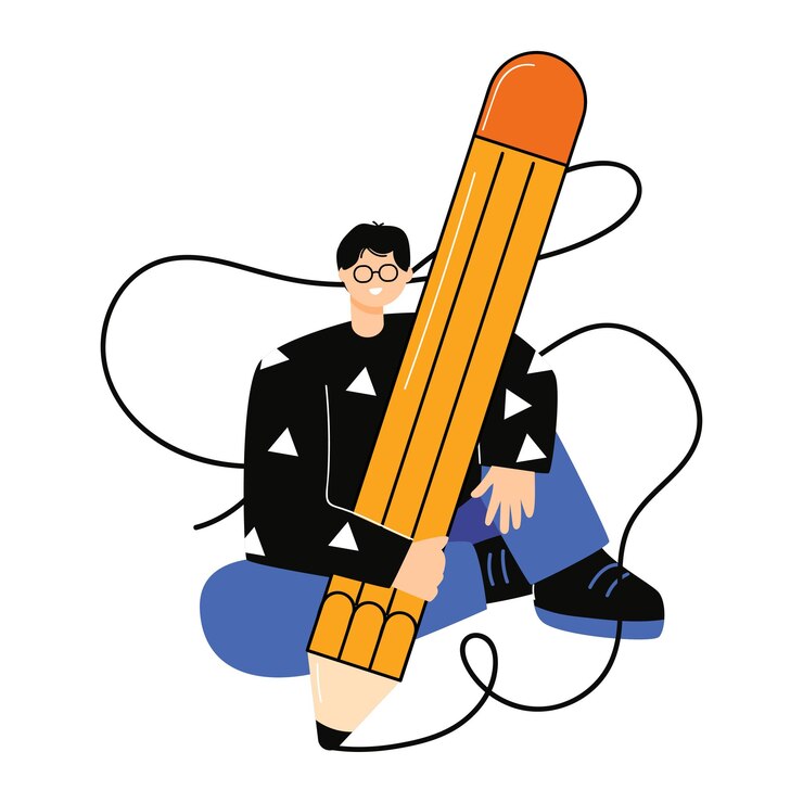 Student with a pencil The young man is holding a pencil Line Draws Writes flat vector illustration Modern style Icon Hand