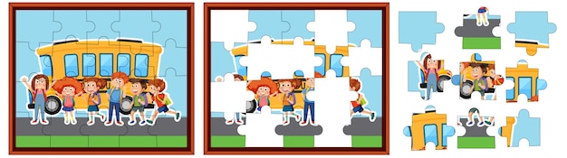 벡터 학교 버스 사진 퍼즐 게임 템플릿을 가진 학생