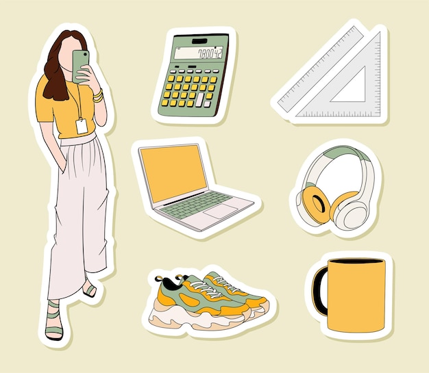 Vector student with some set of equipment stickers collection