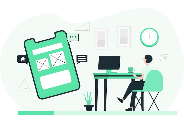 Vector student working on educational mobile app design flat illustration
