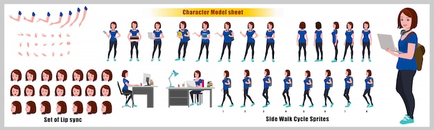 Studente Character Design Model Sheet met gangcyclusanimatie. Meisje Characterdesign. Voor-, zij-, achteraanzicht en uitleganimatie-poses. Tekenset met verschillende weergaven en lipsynchronisatie