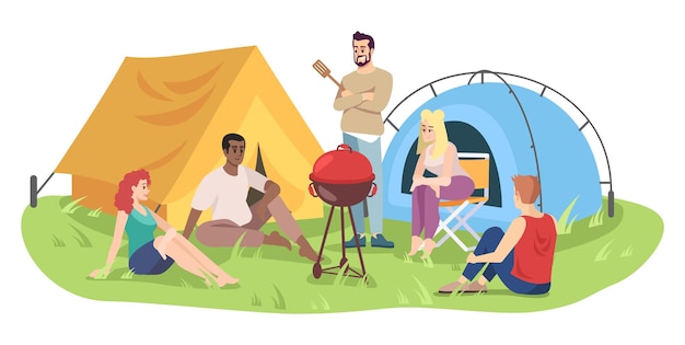 Studenten camping reis platte vectorillustratie. Gelukkige mannen en vrouwen stripfiguren. Jongeren op picknick, vrienden op barbecue. Zomer openluchtrecreatie geïsoleerd op witte achtergrond