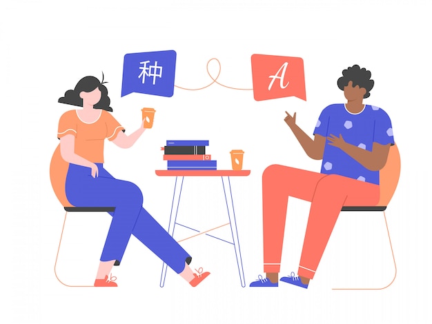 Studenten en jongens leren een vreemde taal. Taaluitwisseling, onderwijs en cursussen. Mensen met verschillende nationaliteiten zitten met een stapel boeken op stoelen aan tafel.