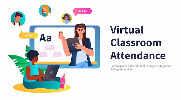 Studenten in een virtuele klas met behulp van een slim interactief bord virtuele aanwezigheid e-learning online onderwijsconcept