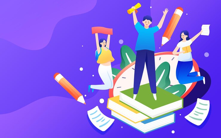 Vector students are preparing for exams with a clock and books in the background vector illustration