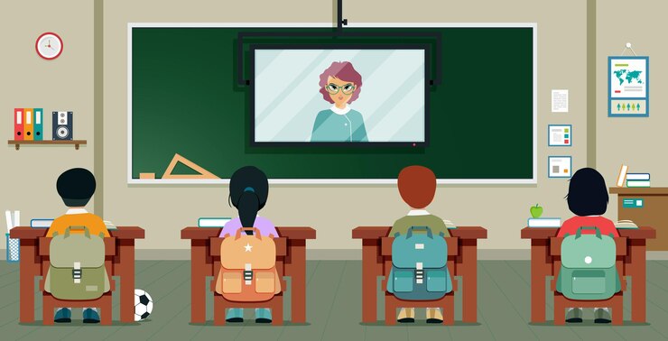 Vector students are studying from teachers who teach via television