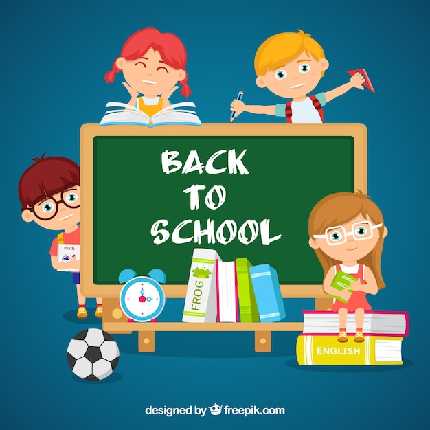 Students, blackboard and school materials