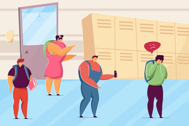 students bullying lonely child in school. flat vector illustration. angry kids laughing at sad nerd boy in school hall. stress, conflict, bullying, school, education concept for banner design