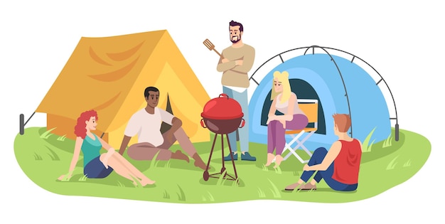 学生キャンプ旅行フラットベクトルイラスト。幸せな男性と女性の漫画のキャラクター。ピクニックをしている若者、バーベキューをしている友達。白い背景で隔離の夏の屋外レクリエーション