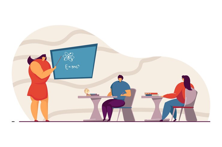 Vector students in classroom at school. female physics teacher explaining formula to children flat vector illustration. education, school, university concept for banner, website design or landing web page
