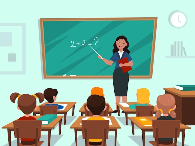 Vector students in classroom. teacher near blackboard in auditorium teaches maths lesson, children study subject kids group studying in elementary or primary school class interior cartoon vector flat concept