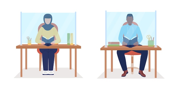 Students at desk during pandemic semi flat color vector character set