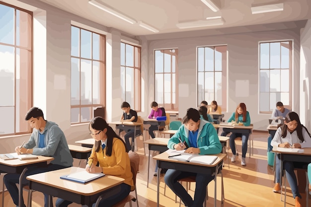 students doing exam in a classroom illustration