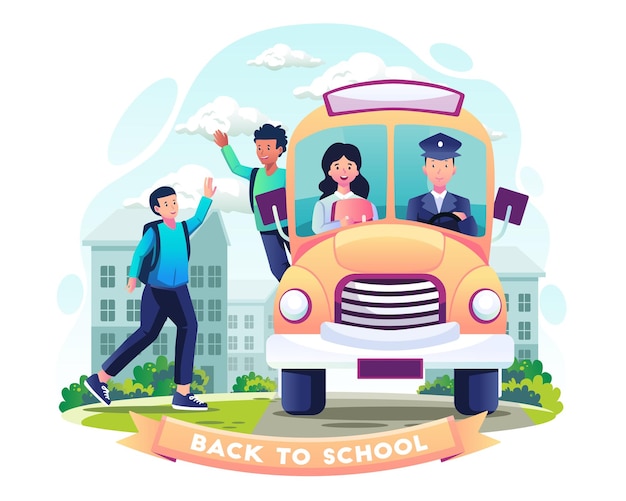 Учащиеся едут в школу на школьном автобусе и приветствуют друг друга Назад к иллюстрации концептуального дизайна школы