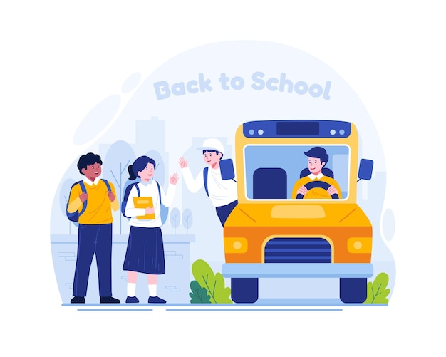 Students go to school by school bus and greet each other Back to school concept illustration