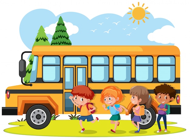 Студенты, отправляющиеся в школу на автобусе