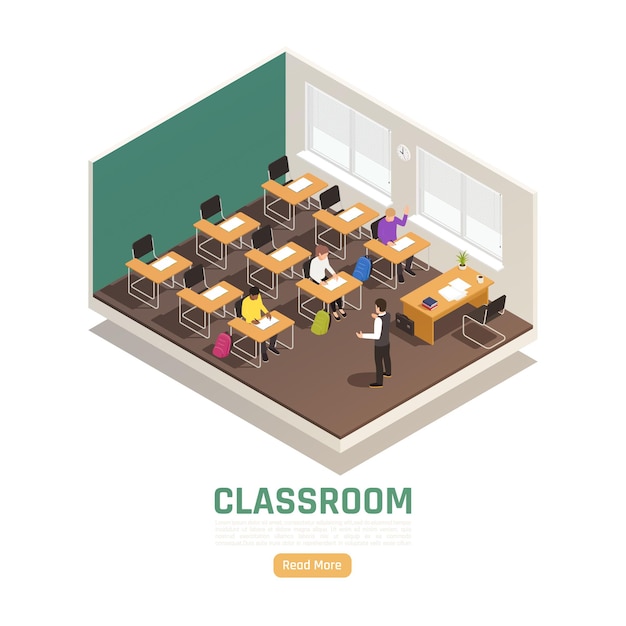 Vector students and lecturer in high school classroom isometric landing page