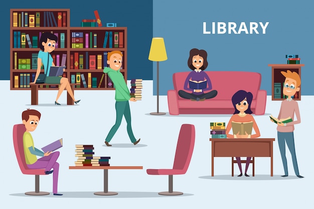 Vector students in library scene