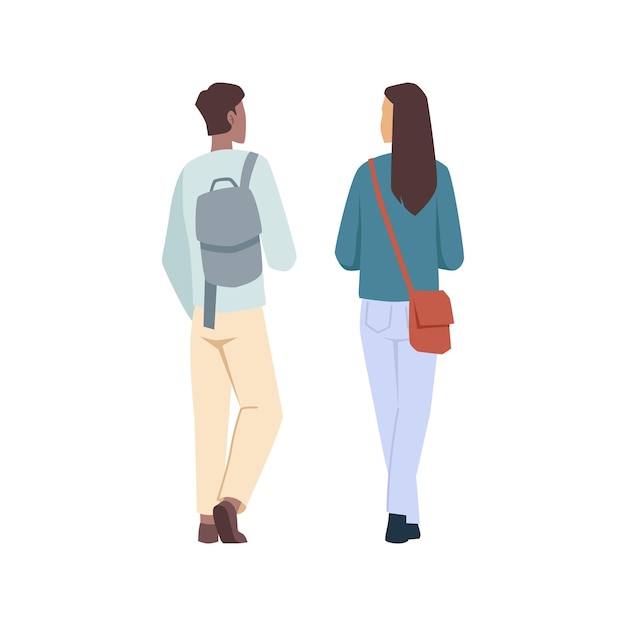 Vector students man and woman with backpacks back view isolated flat cartoon characters vector university