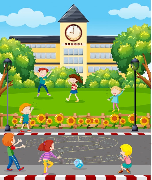 ベクトル 学校の前で遊ぶ学生