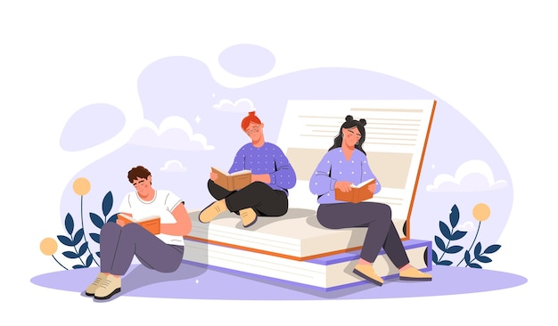 Студенты читают книги мужчины и женщины сидят на стоге учебников студенты делают домашние задания готовятся к