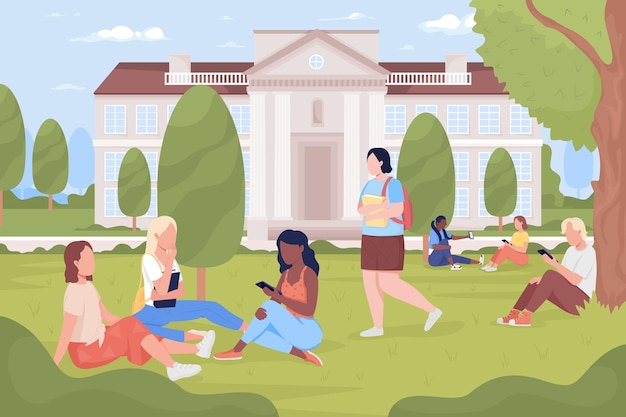 Studenti che riposano nell'illustrazione vettoriale a colori piatti del parco universitario