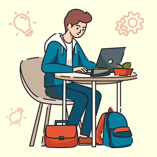 Students study at desk flat design vector illustration