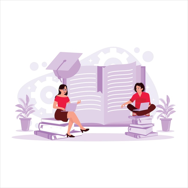 Students study together and discuss various piles of books Trend Modern vector flat illustration