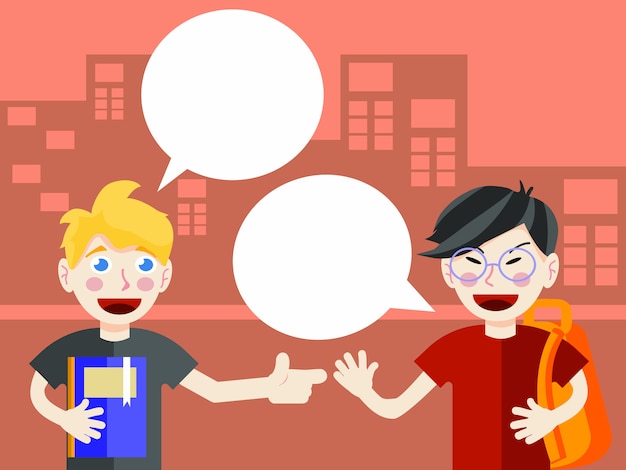 Students talk with blank speech bubble