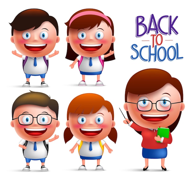 Vector students and teacher vector character set of boys and girls in uniforms for back to school